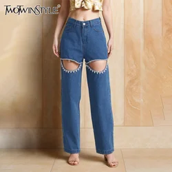 TWOTWINSTYLE Solid Hollow Out Chic Denim Pant For Women High Waist Patchwork Diamonds Designer Wide Leg Pants Female Fashion New