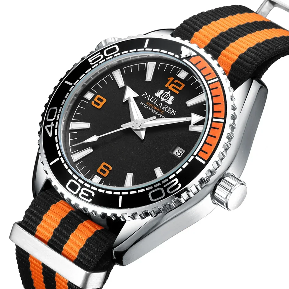 

Автоматические механические часы с оранжево-черно-синим холщовым ремешком, модные мужские наручные часы 45 мм
