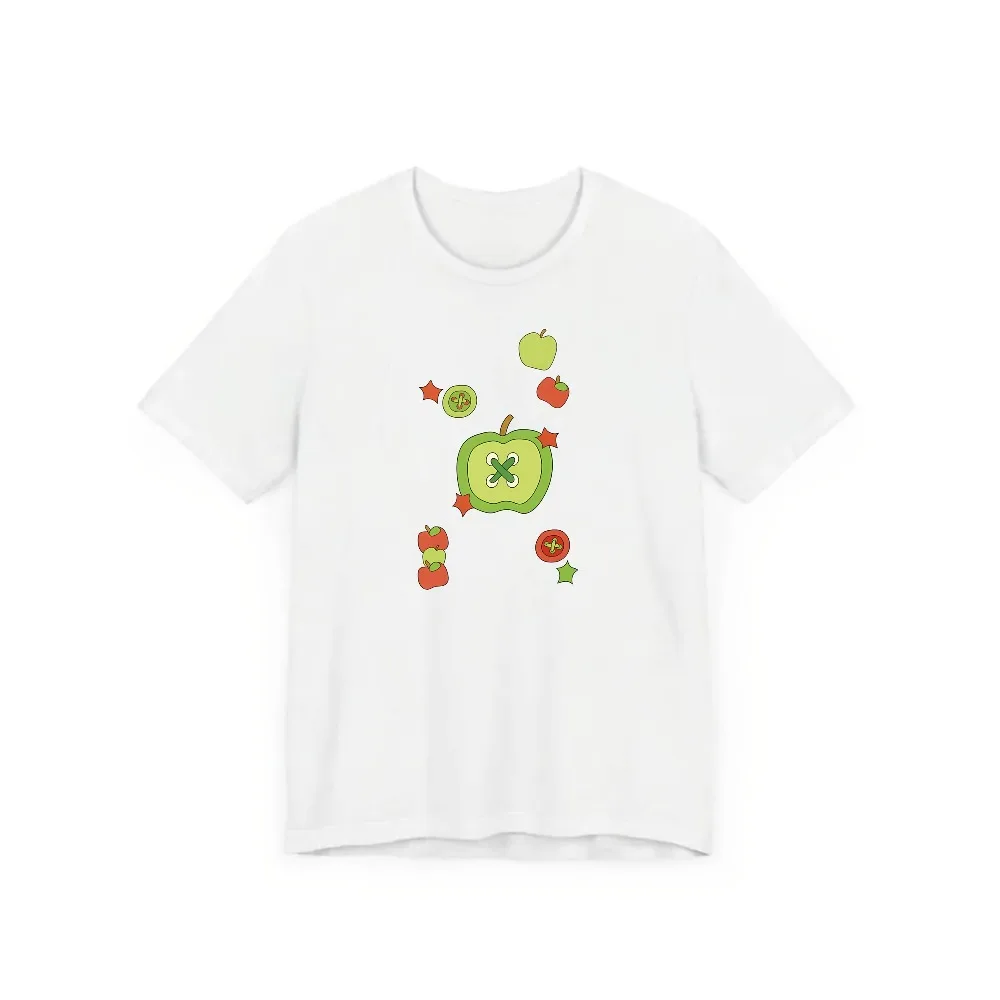 Women'S White Apple Print T-Shirt with Green Apple Red Button Detail Cute Fruit Pattern Short Sleeve Round Neck Blouse