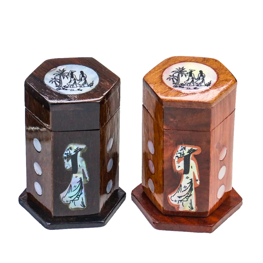 Retro Chinese Ethnic Style Knight-errant Inlay White Mother of Pearl Shell Hexagonal Wood Toothpick Holders Swab Storage Gadgets