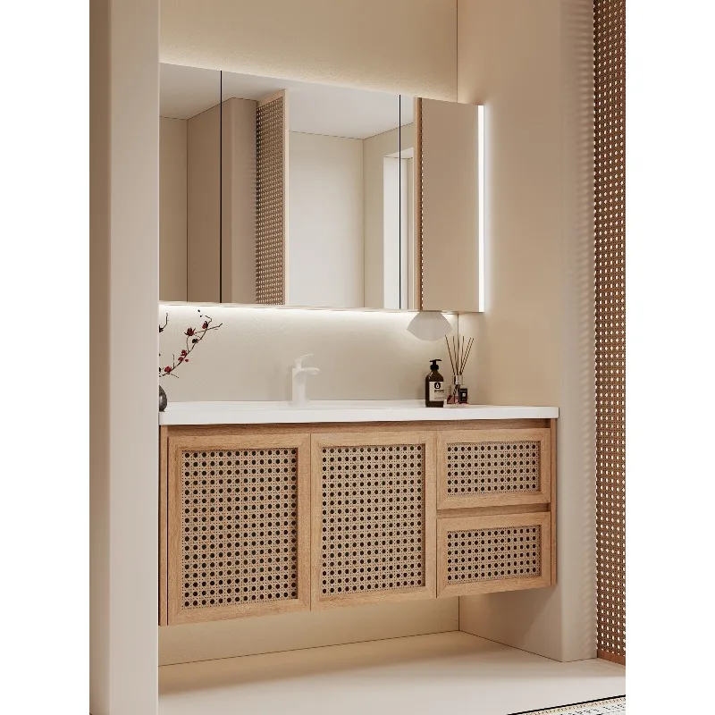 

Rattan log color bathroom cabinet combination ceramic integrated basin toilet washstand