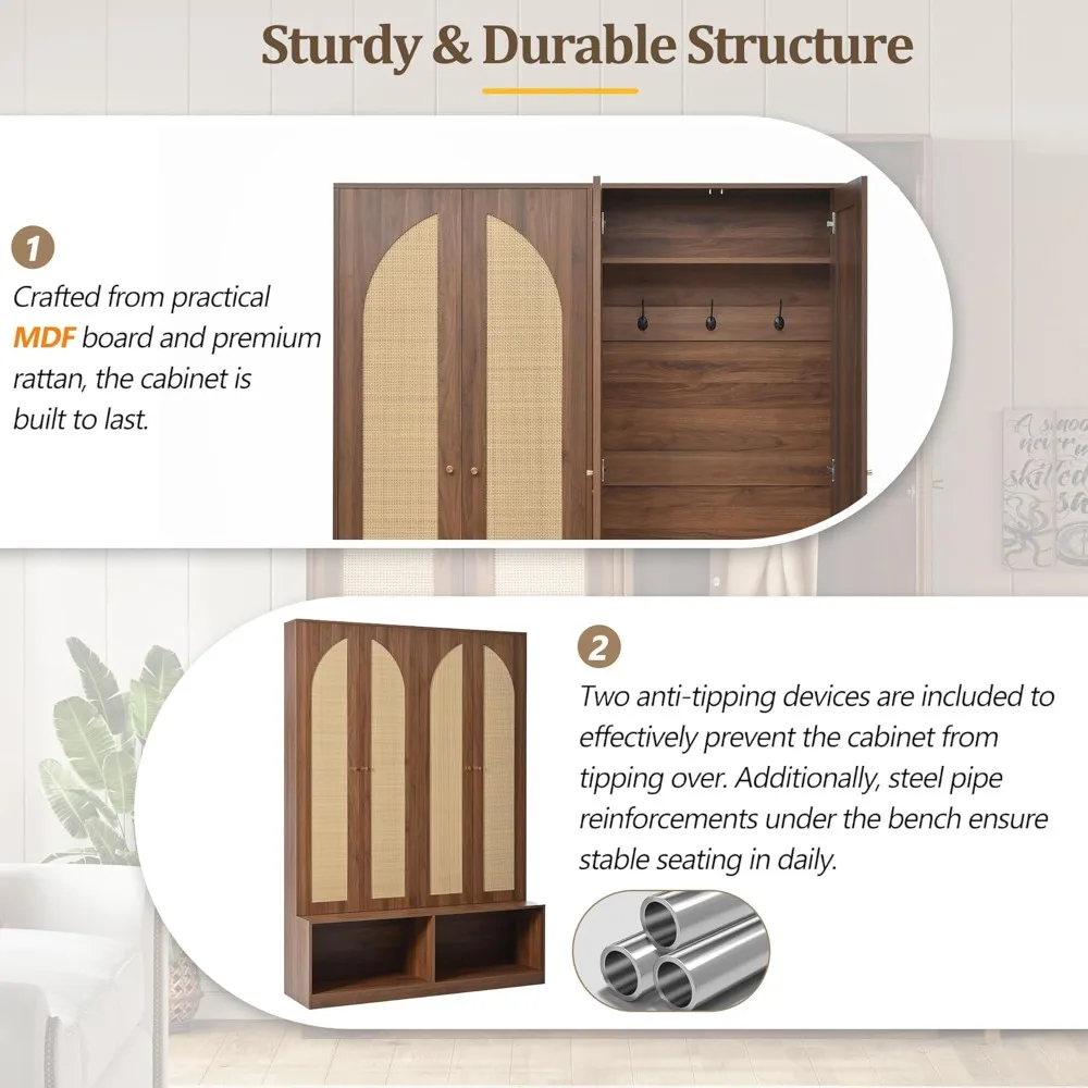 شجرة قاعة على طراز المزرعة متعددة الوظائف مع أربعة أبواب تخزين ومقعد جلوس مع ستة خطافات، مستوحاة من منتصف القرن