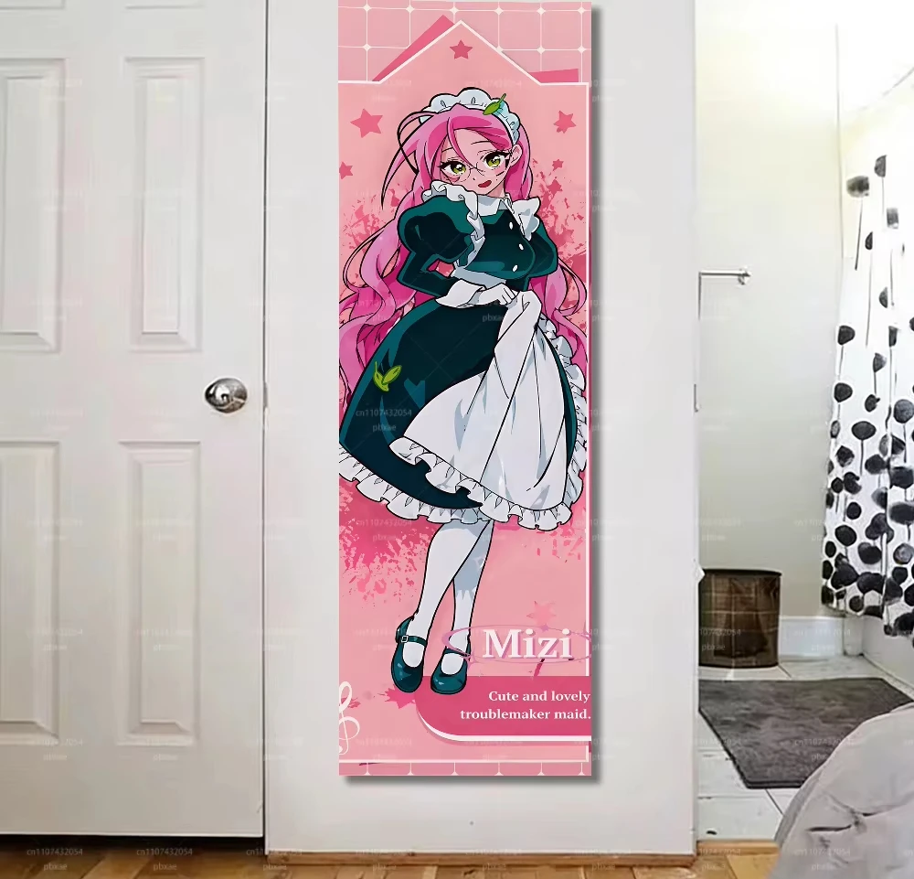 Kawaii Anime Maid Girl Tapestry, Mizi Character Wall Art, Long Pink Background Tapestry for Home Aesthetic Decor