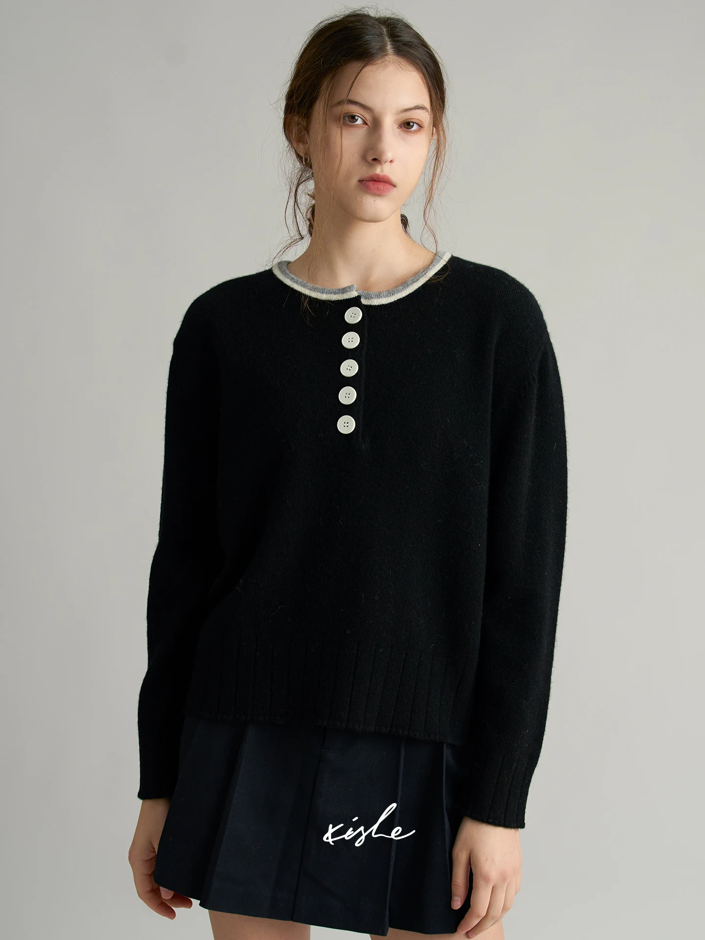 

Женский вязаный шерстяной свитер XIE с воротником хенли, в стиле колор-блок, зимний, модный, для повседневной носки, свободного кроя, с длинными рукавами, круглый вырез