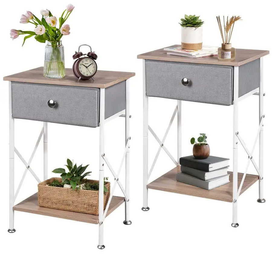 

Прикроватная тумбочка с ящиком, комплект из 2 штук, маленький прикроватный столик с местом для хранения и регулируемыми металлическими ножками, деревянный приставной столик для спальни или гостиной