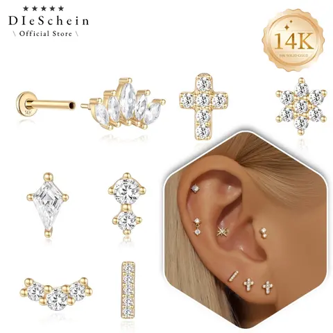 DIeSchein 14K Solid Gold Cartilage Stud Earrings Women CZ Cross Piercing Earring Helix Tragus Lobe Piercing Ear Birthday Gifts