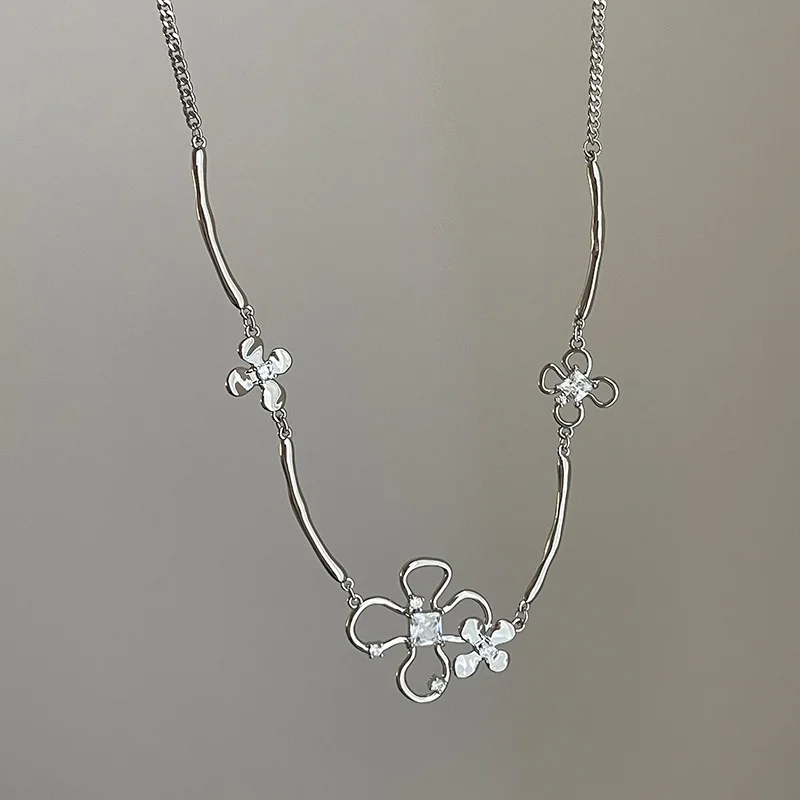 Minar New Chic Sparkly CZ Cubic Zirconia Hollow Flower Petal Pendant Necklaces for Women Silver Plated Copper Chain Chokers