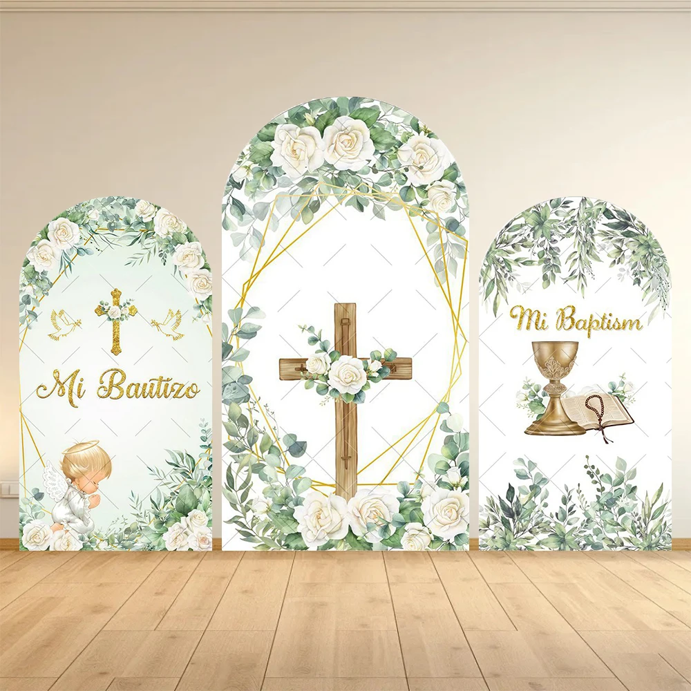First Communion Arch Backdrop Cover Flowers God Bless Holy Cross Dove Girl Boy Baptism Baby Shower Decor Arched Background Props view 4