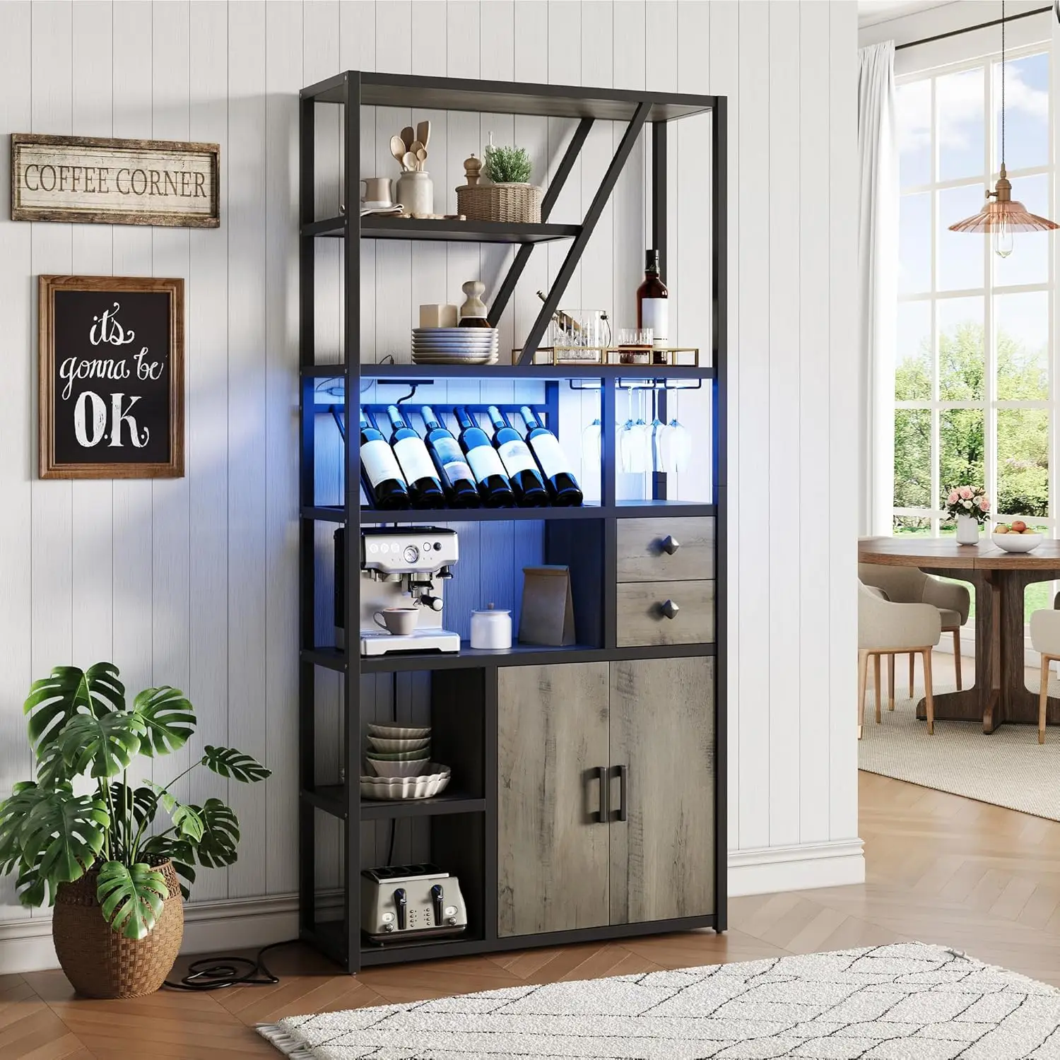

Bar Cabinet with Wine Rack, Liquor Stand with Glass Holder & LED Lights, Coffee Sideboard Cabinet for Living Room,, Customized