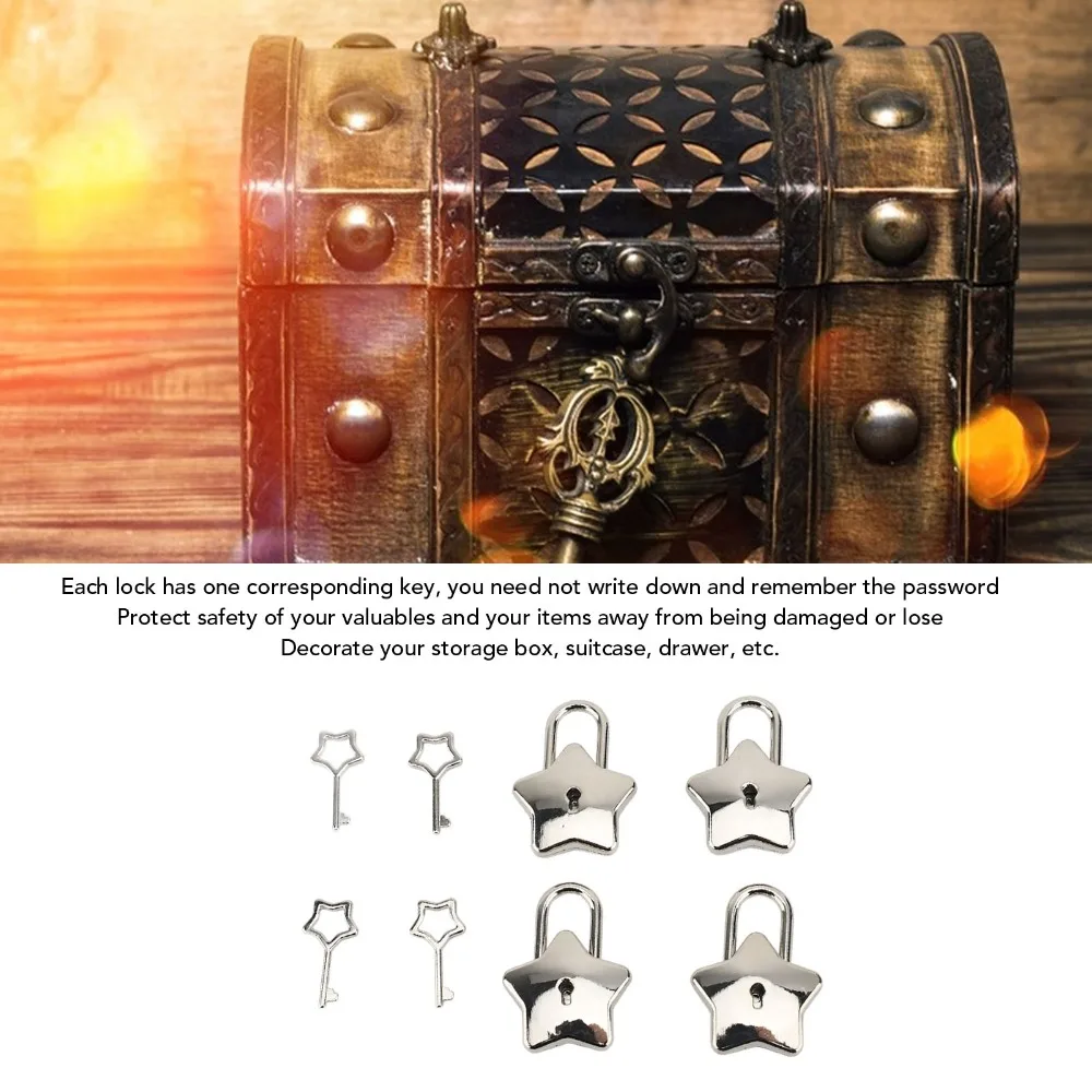 8pcs Five Pointed Star Star Shaped Padlock Silver Zinc Alloy Decorative Mini Padlock Bronze Key Included Metal Diary Lock