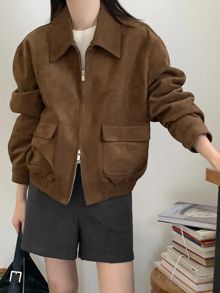 Invierno Chic gamuza larga Sve Jaet mujer Hong Kong Sle diseño Retro Sense Long Sve Top suelta ajuste ort abrigo