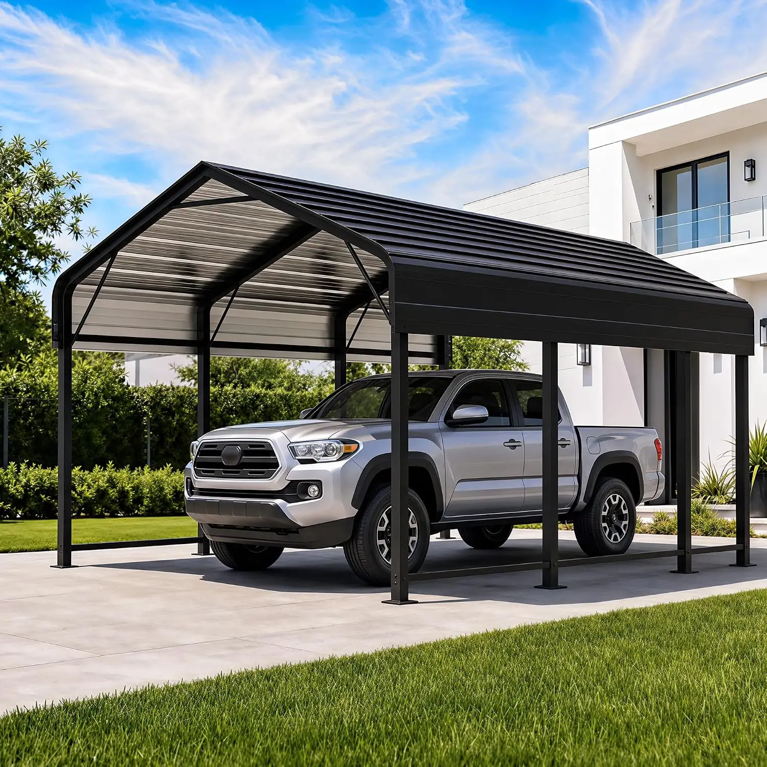 Carport Canopy 10’X15’ Heavy Duty Car Port Galvanized Steel Roof, Reinforced Stable Triangle Frame for Snowy Windy, Customized