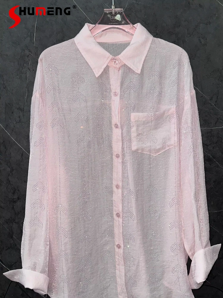 

Женские летние модные рубашки 2026 года: Новинка! Элегантные тонкие рубашки с длинным рукавом, украшенные стразами и узором «листья». Свободные, комфортные, универсальные топы.