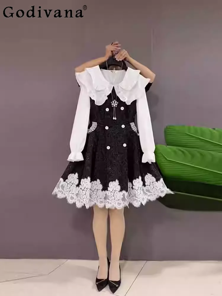 

Large Size Spring Autumn Women Fashion Lace Simple Vest Dress Korean Age-reducing Sweet Doll Collar White Long-sleeved Shirt