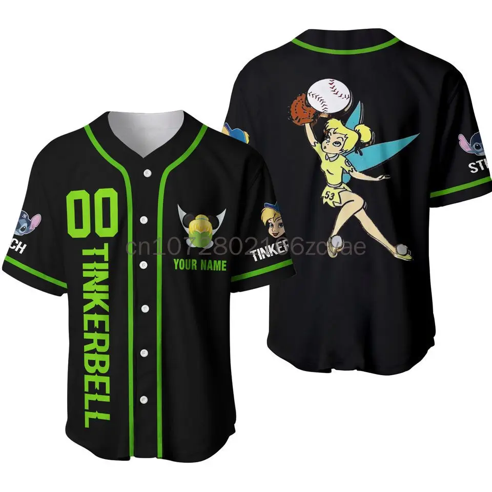 New Disney Tinker Bell Baseball Jersey Men\'s Women\'s Kids Short Sleeve Button Baseball Shirt Casual Sports Shirt
