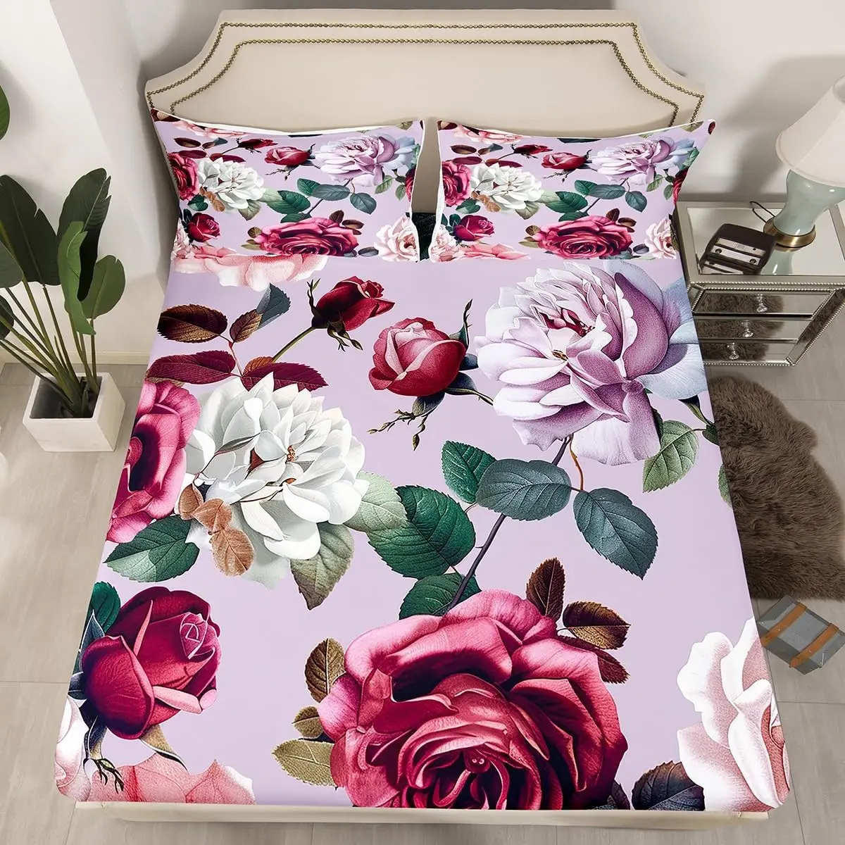 Groovy Peony Flower Fitted Sheet,Full King Size Watercolor Vintage Floral Deep Pocket Sheets, Garden Blossom Petals Bed Sheets