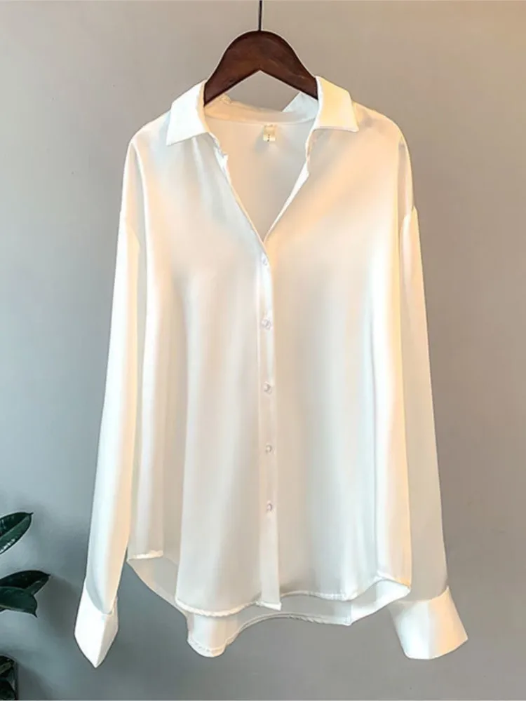 Camicia casual ampia da donna Primavera Autunno Moda Tinta unita Colletto ribaltabile Top a maniche lunghe Camicette da ufficio con bottoni bianchi da donna