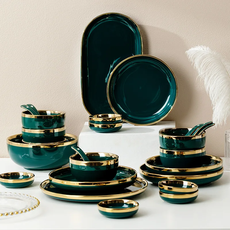 Creative Dark Green Cutlery Bowls Set Gold-plated Ceramic Plates Cooking Dishes Rice Bowls Porcelain Plate Kitchen Utensils New