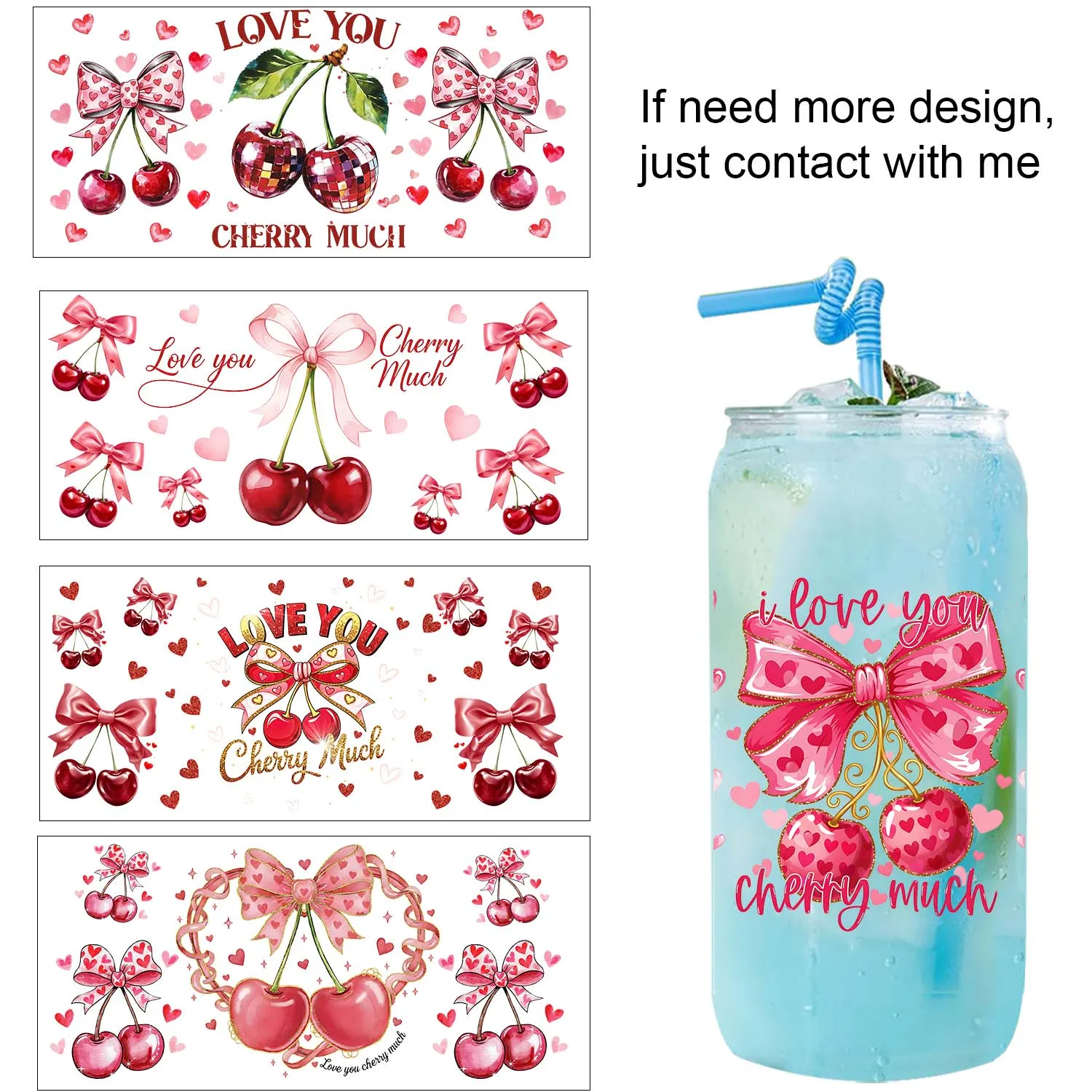 Valentine's day cherry Theme UV DTF easy peel waterproof DIY Decals 3D transfers uvdtf seal stickers 16oz uv dtf cup wraps