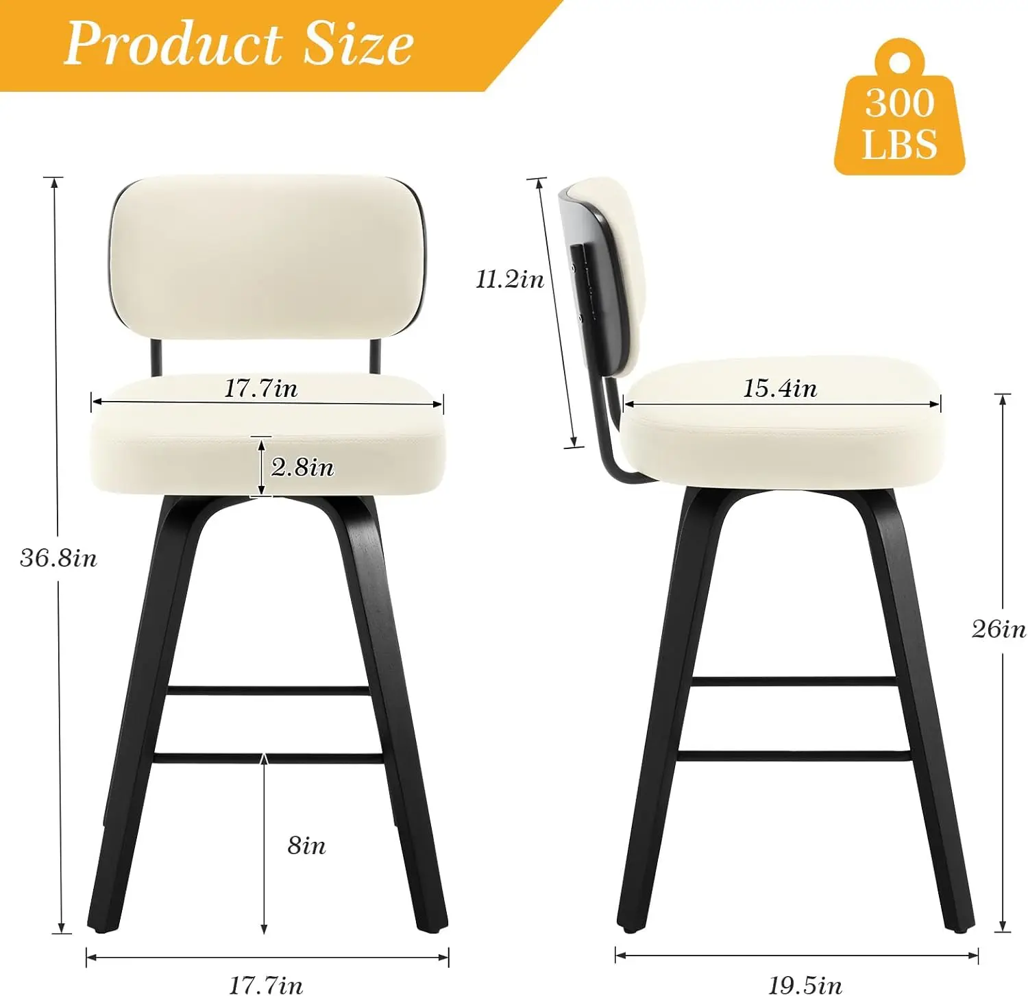 Swivel Counter Height Bar Stools Set of 4 Upholstered Faux Leather Barstools with Back 26