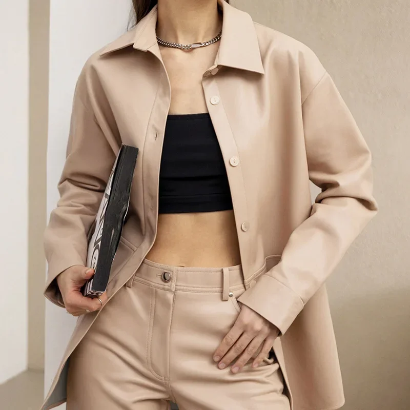 Blouson long en similicuir PU femme, décontracté, à la mode, pour motard, nouvelle collection automne-hiver 2024