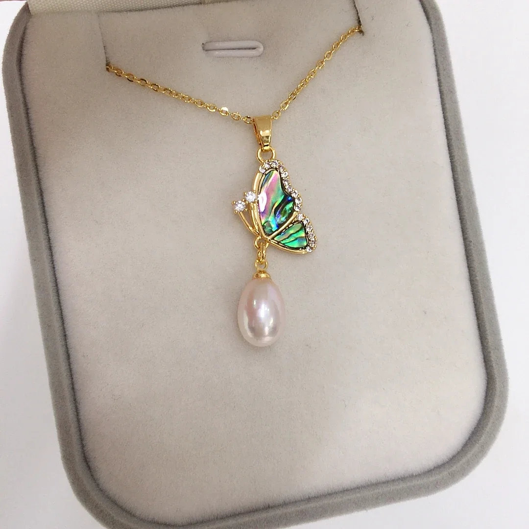

Natural Freshwater Pearl Pendant Natural Deep Sea Colorful Abalone Shell Butterfly Drop Pearl Necklace Anniversary