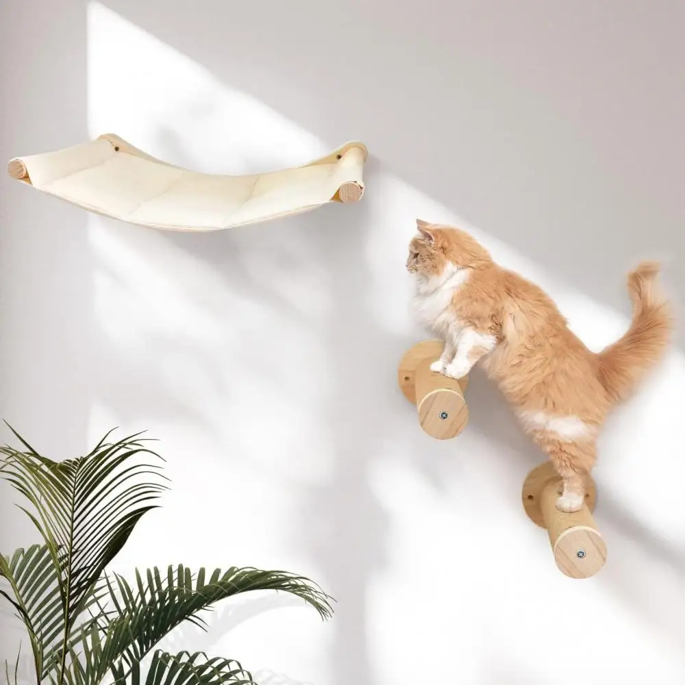 3 Pieces Wall Mounted Cat Climbing Wooden Shelves Set Cat Hammock with Scratching Post for Kitten Perch and Sleeping Furniture