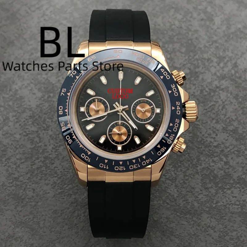 

BLIGER 39mm Black Rose VK63 Quartz Chronograph Men's Watch Sapphire Crystal Waterproof Luminous Dial StainlessSteel Rubber Strap