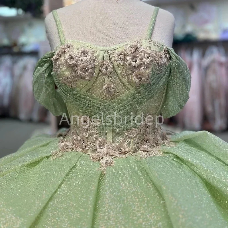 Angelsbridep ชุดเดรสเปิดไหล่ผ้าตาข่ายสีเขียวมิ้นท์ชุดเดรส3D ควินซีเนร่าชุดไปงานเต้นรำ2025ปาร์ตี้ตอนเย็นวันเกิด