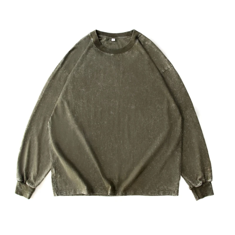 2026 Summer Hot Selling Pure Cotton Heavy-duty Distressed Washed Oversized Shoulder Retro Long Sleeved T-shirt