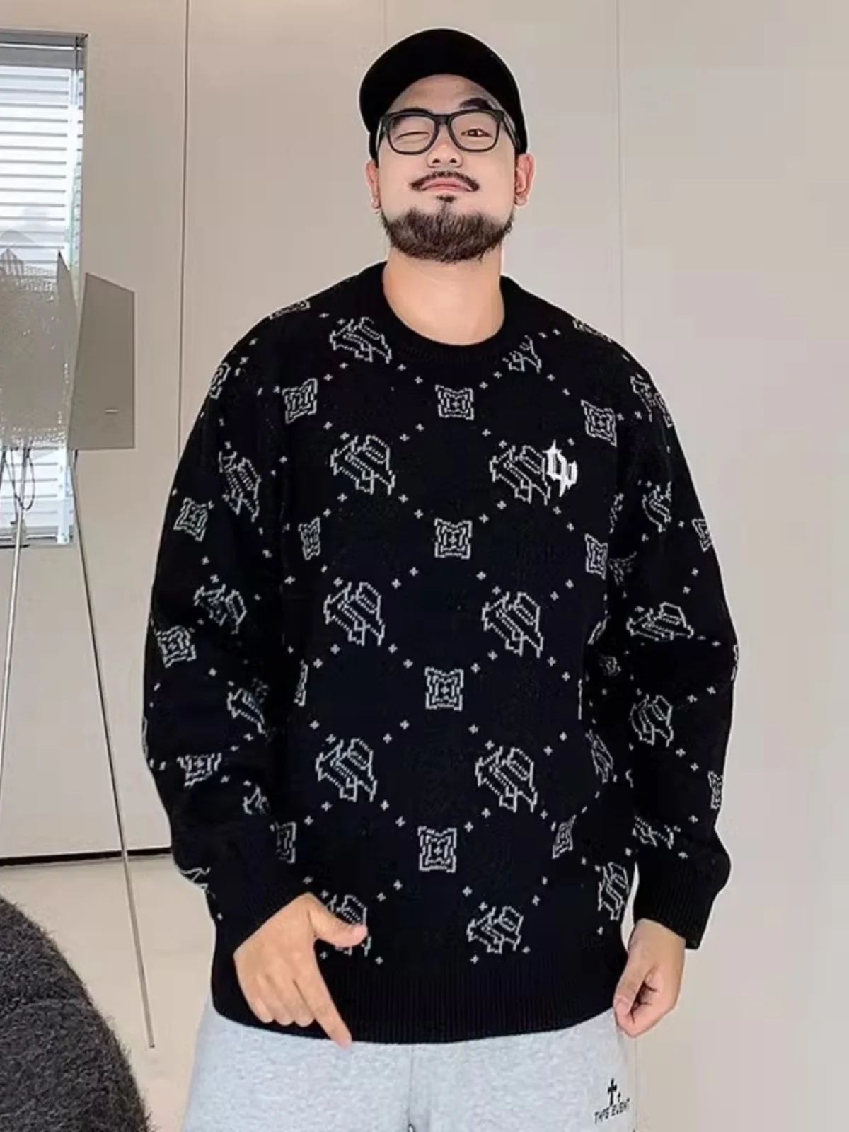 

Мужской вязаный свитер свободного кроя с вышивкой в клетку, осенне-зимний, повседневный, с круглым вырезом, базовый слой, большие размеры, трикотаж