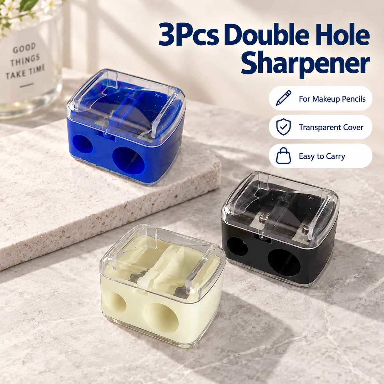 3Pcs Double Hole Manual Sharpener for Eyebrow Pencil & Lip Liner, Portable Makeup and Student Sharpeners with Transparent Lid