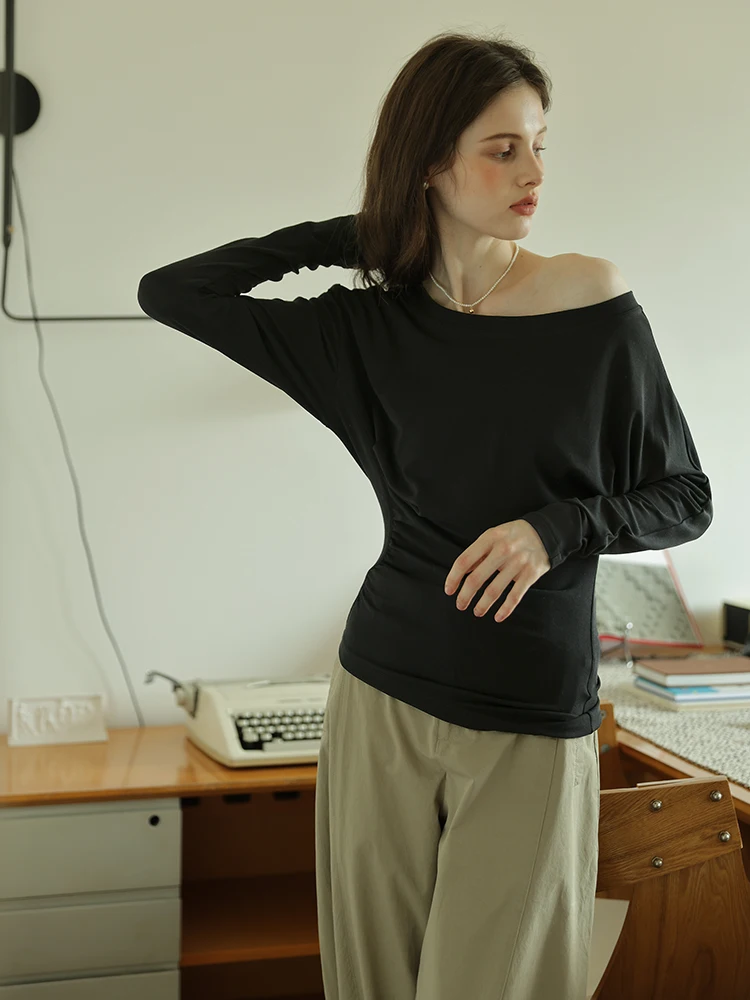 

Женская футболка с длинным рукавом Slim Fit, новинка весеннего сезона, с драпировкой на талии и завязками на плечах, повседневный свободный топ на одно плечо
