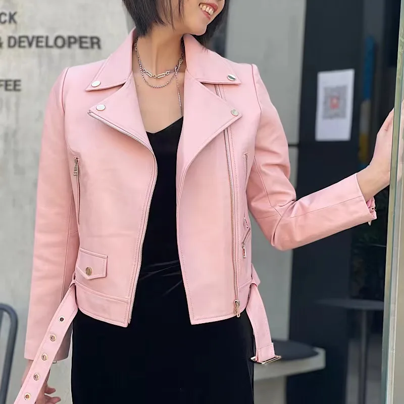 Chaqueta de piel auténtica para mujer, abrigo Vintage de piel de oveja Natural, color rosa, primavera y otoño, novedad de 2022