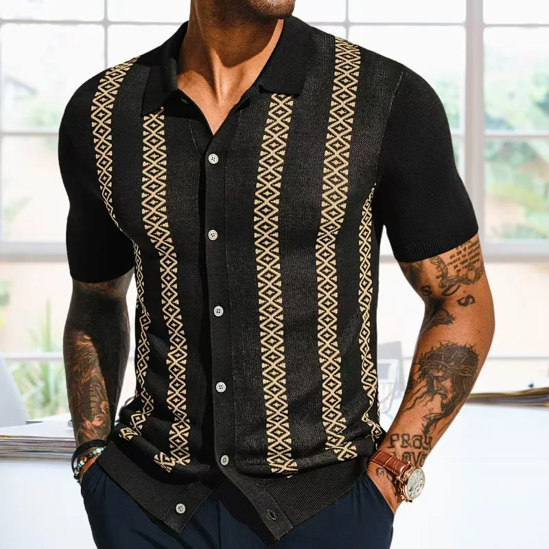 Summer Men's Luxury Knitted Polo Shirts Short Sleeve Button-down Stripe Printed T-Shirts for Men Vintage Business Knitwear