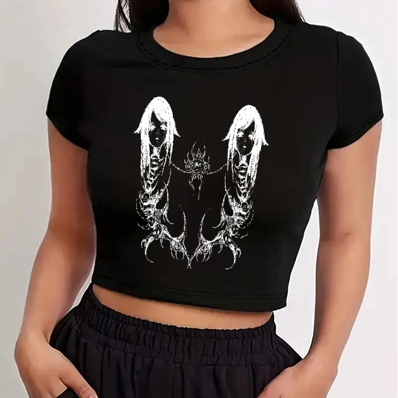 الأمريكية خمر عادية تي شيرتات قصيرة الاكمام القوطية Harajuku الجمالية المرأة الطفل المحملة 2000s الشارع الشهير Y2K موضة الشرير المحاصيل #4