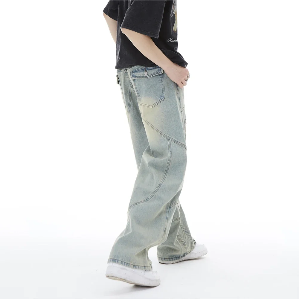 

Baggy Jeans Men Wide Leg Straight-leg Topstitched Seam Solid Unisex Dance Hip Hop Rap Loose Trousers Y2k High Street Denim Pants