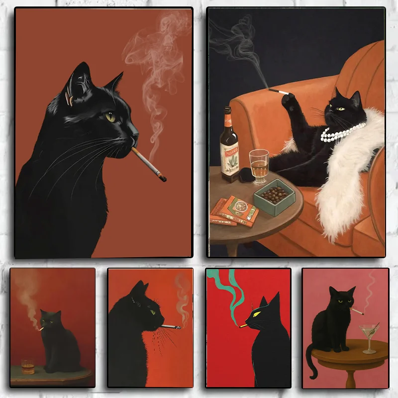 Schwarze Katze raucht eine Zigarette, Vintage-Poster, Kunst, Retro, skurriler Druck, lustiges Tier-Wanddekor-Poster für Bar, Warenkorb, schrullige Küche