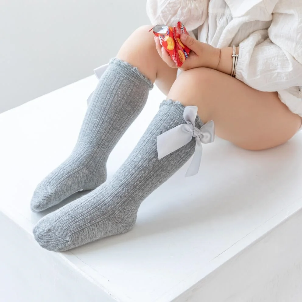3Pairs/set Baby Girls Socks Big Bow Knee High Children's Home Mid Calf Princess Floor Sock Non-slip Kids Toddler Stockings 0-3Y