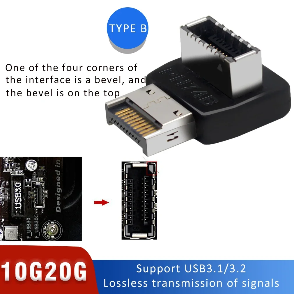 อะแดปเตอร์เชื่อมต่อ USB USB3.0 19 P/20 P ถึง TYPE-E 90 องศาอะแดปเตอร์แปลงด้านหน้า TYPE C ซ็อกเก็ตเมนบอร์ดคอมพิวเตอร์
