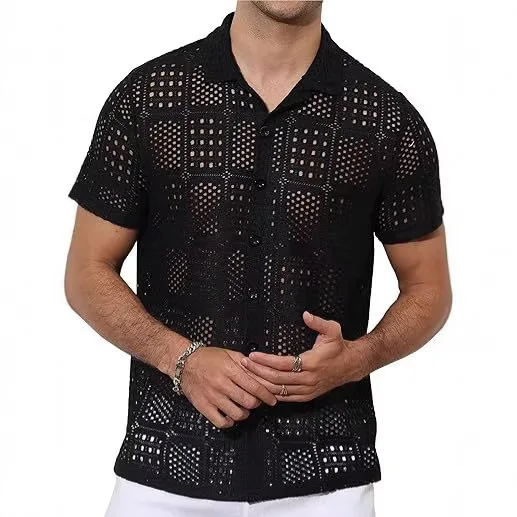 

2026 Men's Summer New Style Knitted Hollow Short-Sleeved Shirt Casual Vacation Shirt