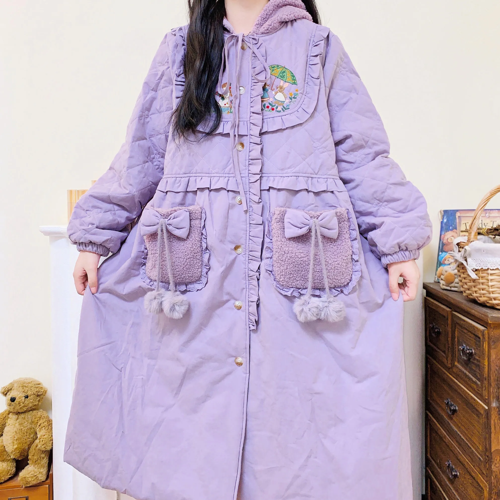 Vintage Mori Girl Ruffled Embroidery Bow Quilted Long Coat for Women 2024 Winter Sweet Lolita Kawaii Cottagecore Goblincore Coat