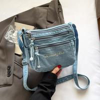 Vintage Blue Washed Jeans Shoulder Bag Trendy Multi Pockets Large Capacity Commuting Casual Bag Women's Canvas Sling Bag