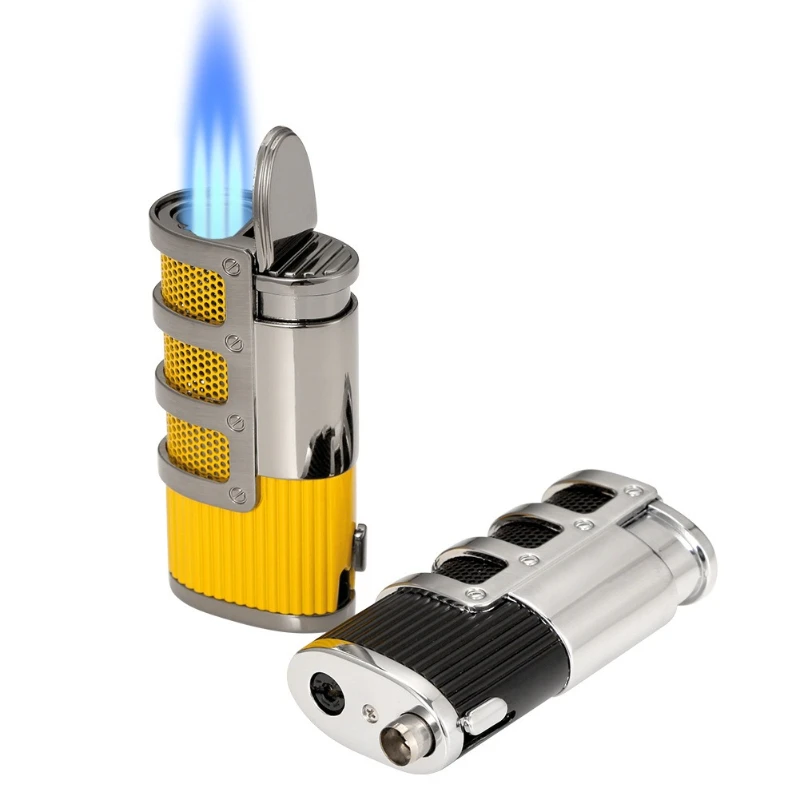 Professional Cigar Lighter with Cigar Punch Series Three Flame Blue Flame Direct Torch Butane Lighter Flashlight with Gift Box