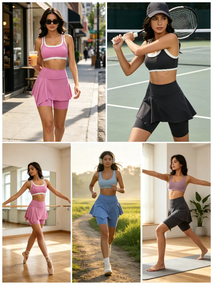 VITALINOVO Damen 2-teiliges Tennisrock-Set Hochgeschnittenes Rüschen-Golf-Outfit Skort Quadratischer Ausschnitt Sport-BH Athletisches Kleid Pickleball – Detail 1