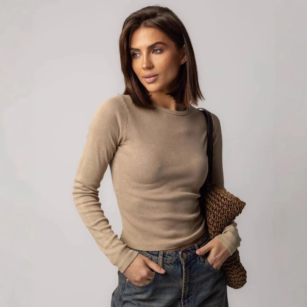 여성용 긴팔 라운드넥 골지 티셔츠 단색 풀오버 탑 가을 겨울 여성용 따뜻한 이너웨어 슬림 니트 티셔츠