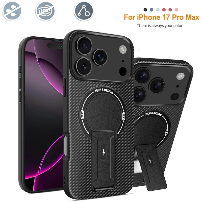 

Carbon Fiber Kickstand Case For Apple 17 Pro Max 17Pro 16 E 15 Plus Wireless Charging For Magsafe Fold Bracket Shockproof Cover
