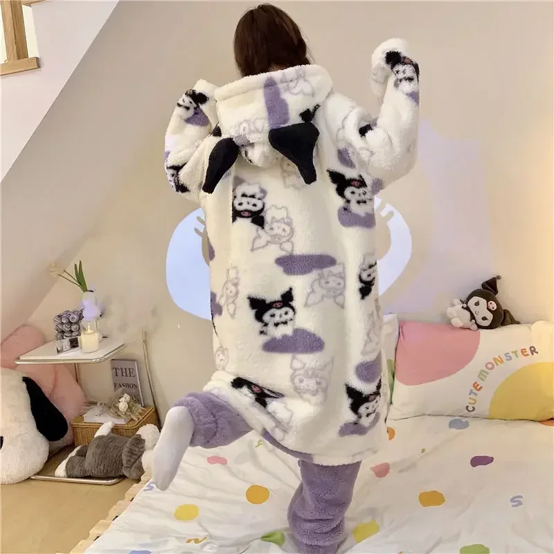 Kawaii Sanrios Kuromi Plush Pajamas Thickened Hooded Home Wear Pajama Set Cartoon Christmas Girl Birthday Gift For Girlfriend