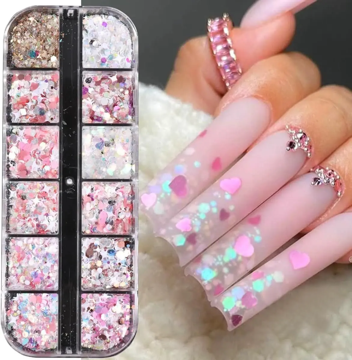 กลิตเตอร์เล็บ 12Grids 3D สีชมพู ลายดาวหัวใจผสม กลิตเตอร์รูปหกเหลี่ยมโฮโลแกรม สำหรับแต่งเล็บเจล
