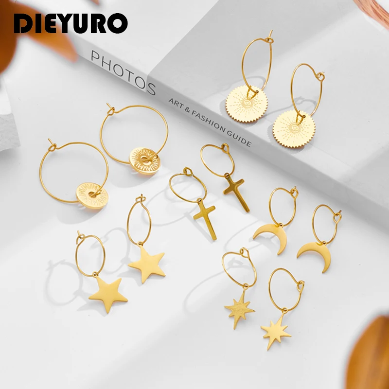 

DIEYURO 316L Stainless Steel Cross Star Moon Pendant Earrings For Women Girl New Fashion Ear Buckle Non-fading Jewelry Gift